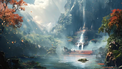 Mountain temple landscape with waterfalls and autumn foliage.