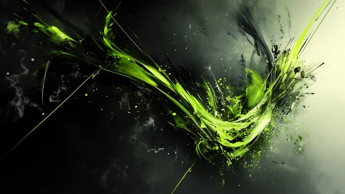 Green abstract energy streak on dark digital background.