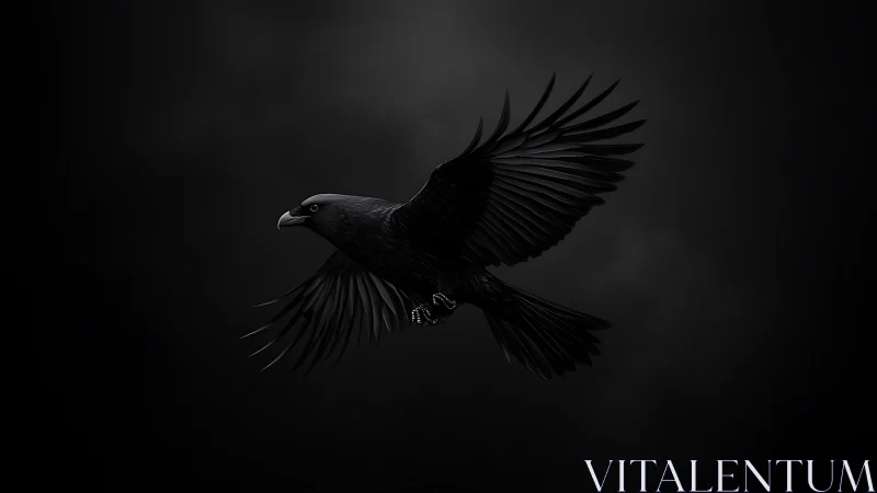 Black raven spreads wings against deep storm cloud void