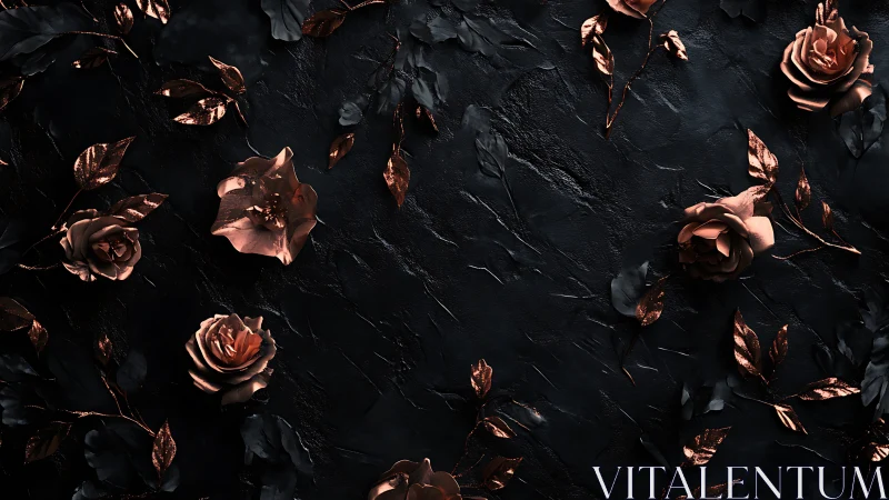 Copper roses arranged on dark textured background.