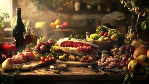 Rustic gastronomic still life celebrates charcuterie and harvest light