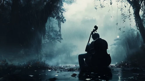 Rain-soaked forest musician lets a soulful cello song rise