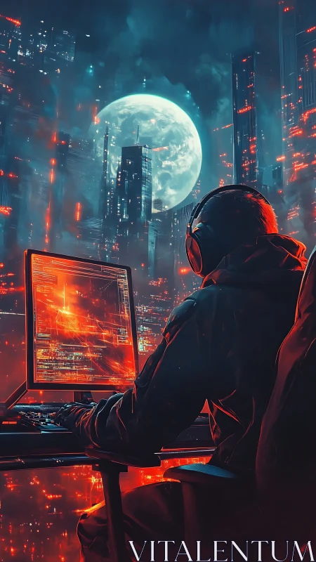 Hooded computer user in neon cyberpunk city at night.