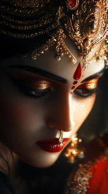 Close portrait of woman in ornate red and gold bridal jewelry.