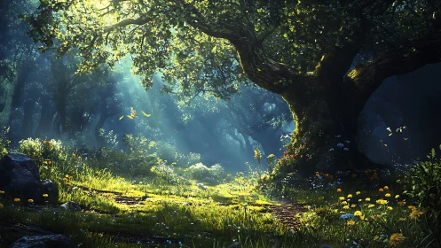 Volumetric Atmospheric Rendering in Enchanted Forest Clearing With Crepuscular Light Rays