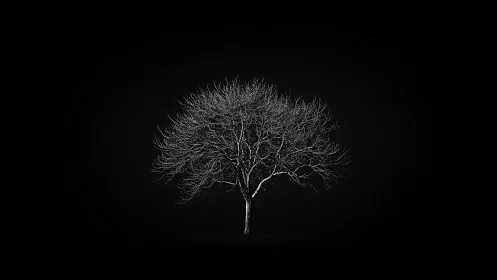 Single bare tree isolated on deep black background.