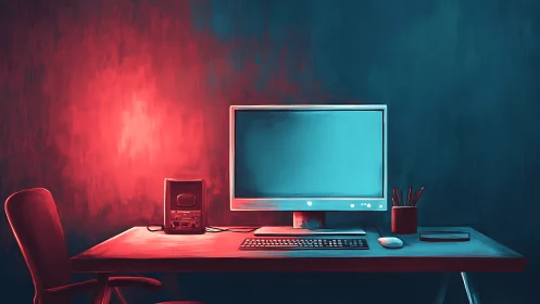 Digital painting of minimalist neon-lit desktop workspace.