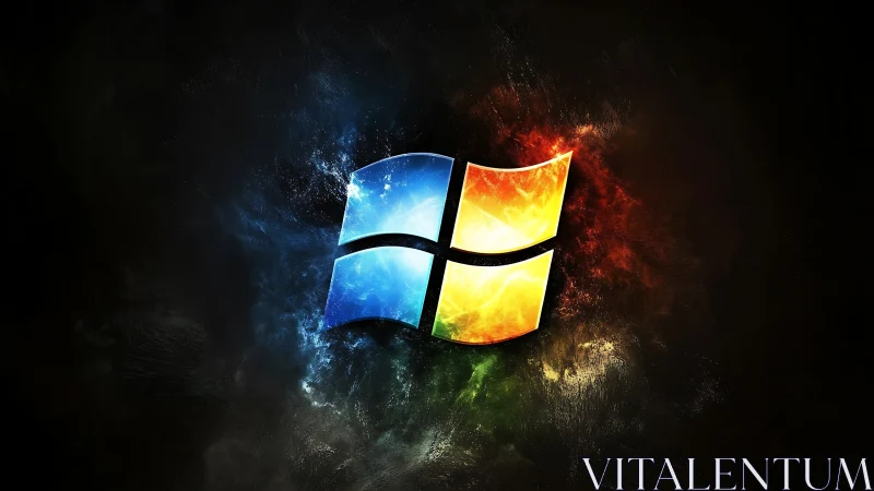 Windows-style logo over dark abstract nebula background.