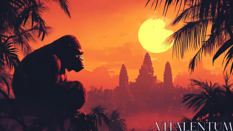 Giant gorilla silhouette studies temple skyline at tropical sunset