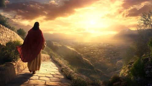 Digital painting of robed figure walking toward radiant city.