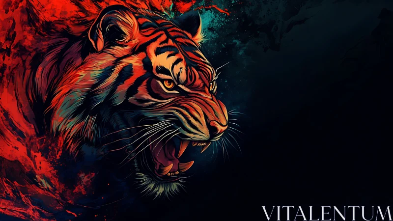 Roaring neon tiger emerges from flames into deep shadow
