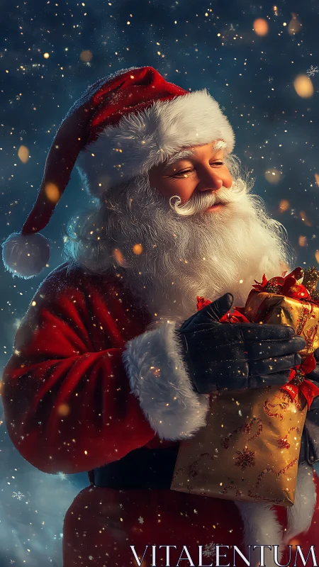 Santa Claus holding wrapped Christmas present in snow.