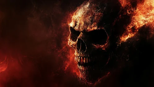 Burning demonic skull erupts from swirling infernal darkness.