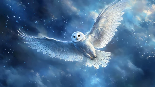 Majestic white owl soaring in dreamy blue night sky, digital art.
