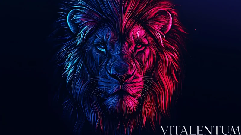 Bicolored neon lion portrait uses symmetrical vector linework