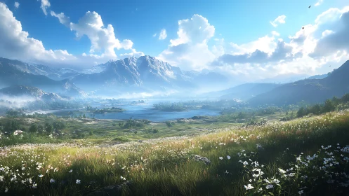 Digital landscape panorama with alpine lake and wildflower meadow.