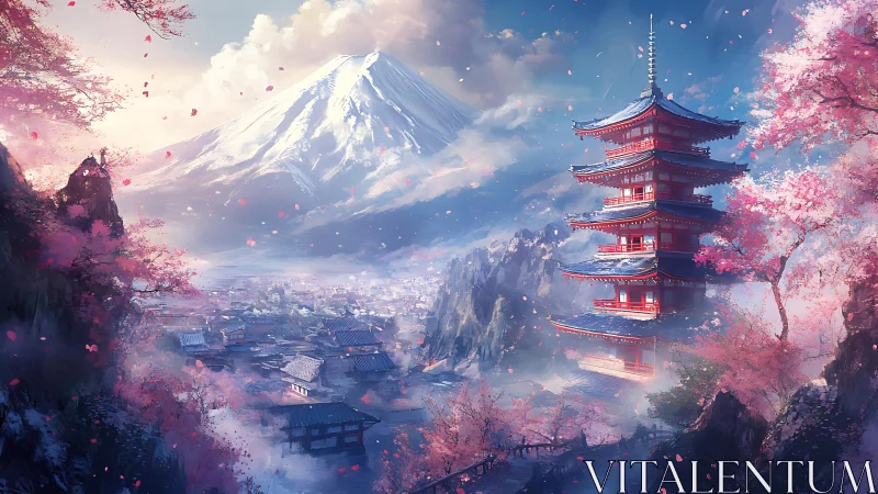 Digital landscape depicts pagoda, town and distant volcano