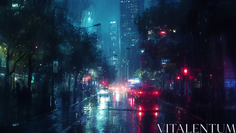 Neon city street glows through reflective midnight rain.