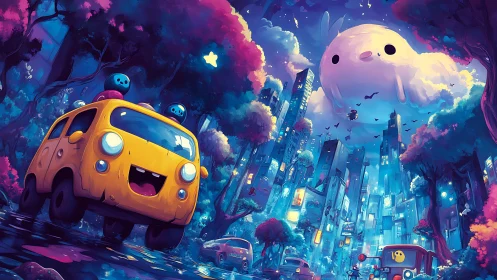 Bubblegum city cruise with giggling vans and cloud critter.