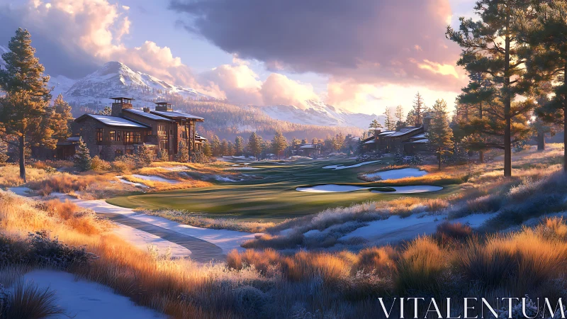 Mountain golf course with luxury lodges in winter light.