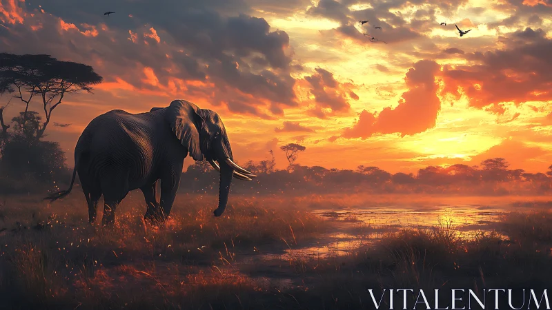 Elephant crosses misty savannah wetland under volumetric sunset light