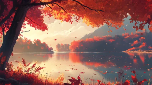 Golden autumn lake embraced by glowing red forest light.