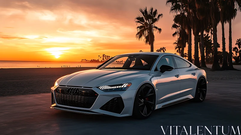 Sunset-tuned sports sedan prowls the glowing palm-framed shore