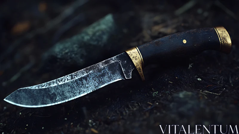 Weathered hunting knife with brass bolsters on soil.