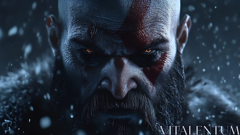 Warrior gaze burns through snow and frozen night.