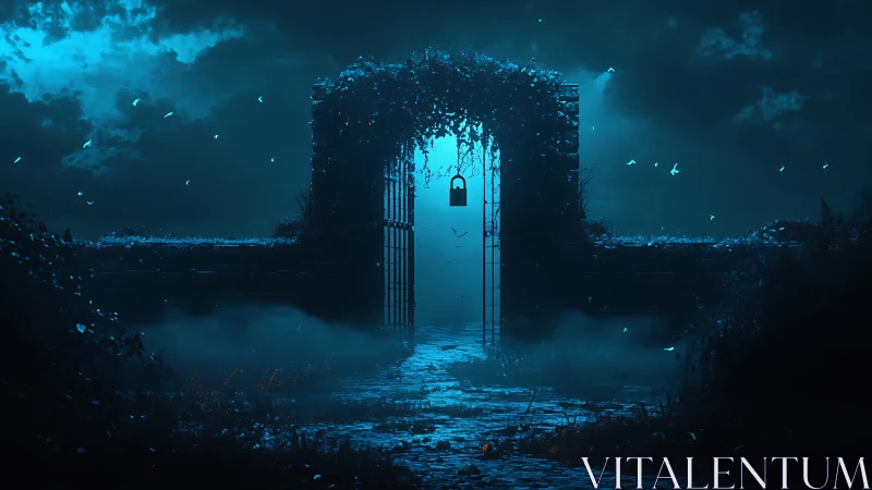 Nocturnal mist gate under cyan volumetric backlighting.