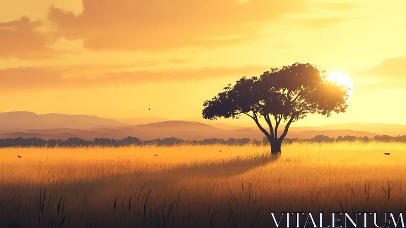 Golden savannah sunset with solitary tree and long shadows.