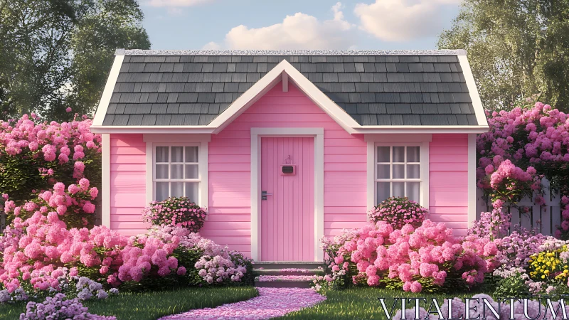 Pink cottage facade is centered among dense flowering shrubs