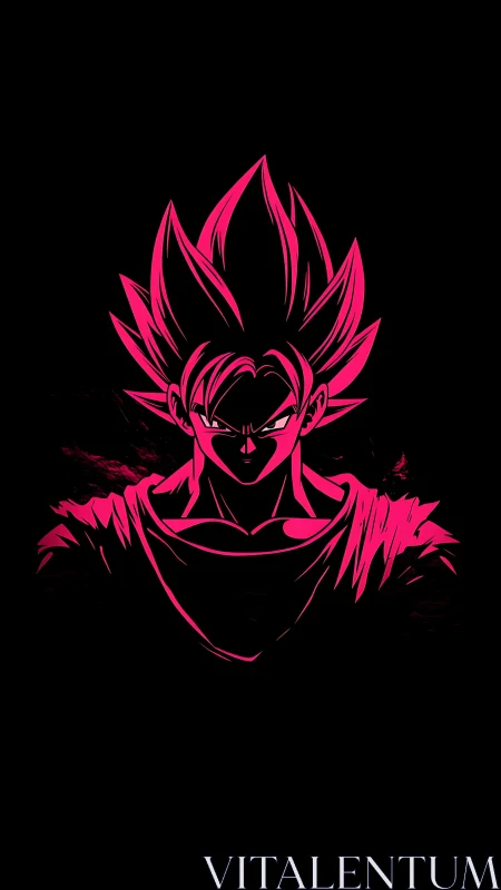 Pink neon anime warrior silhouette on black background.