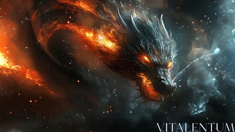 Fiery cosmic dragon head emerging through dark nebulae.