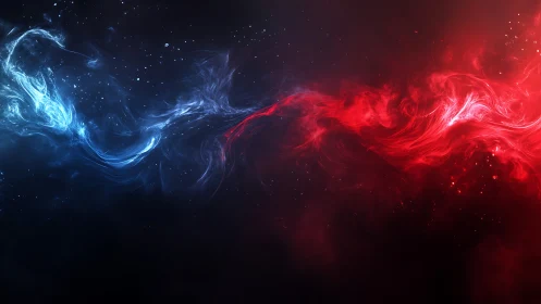 Elemental blue and red energy streams in cosmic tension.