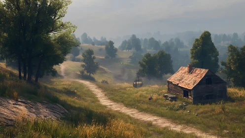 Weathered rural shack beside serpentine dirt track at dawn.