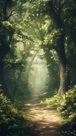 Luminescent Forest Corridor with Dappled Canopy Illumination.