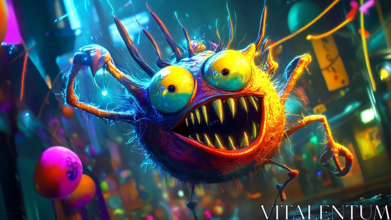 Neon alley gremlin explodes with grin and wild party chaos.