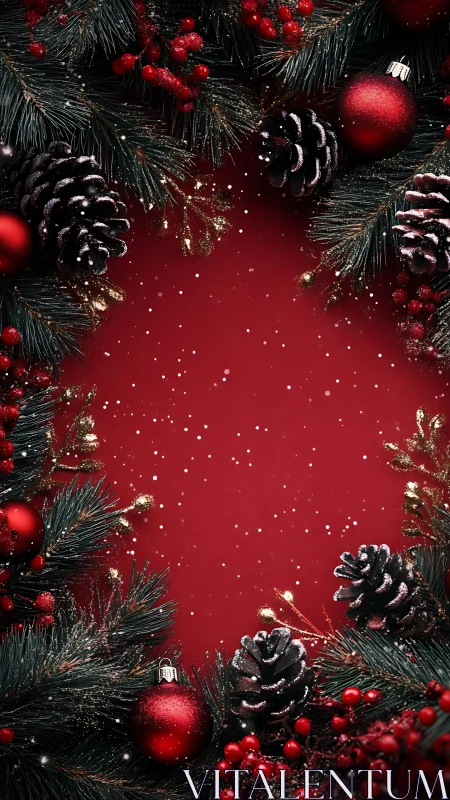 Red Christmas frame arranges pine branches, cones and baubles