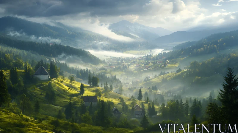 Sunlit mist over alpine valley village and rolling hills.