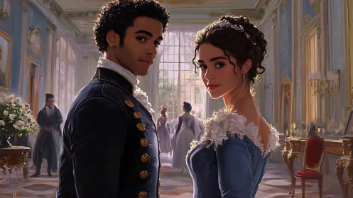 Regency couple stands together in ornate ballroom interior