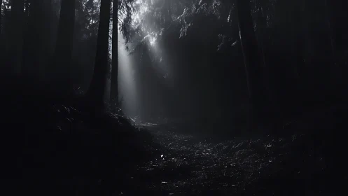 Misty Forest Path with Sunlight Through Dense Tree Canopy