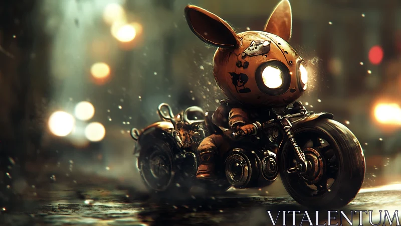 Robot bunny biker speeds through wet neon city street