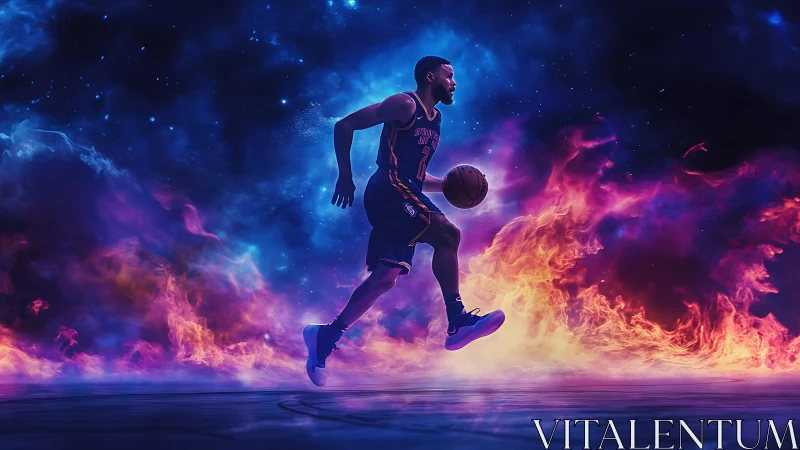 Basketball guard midair dribble in nebula fire composite scene