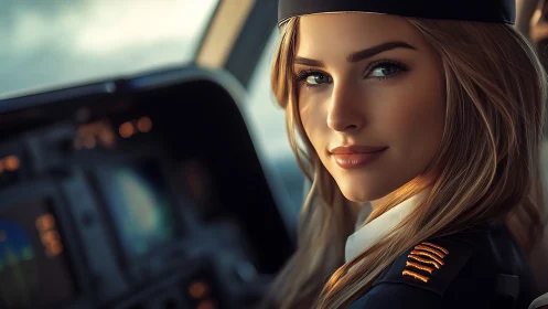 Skybound captain gazes forward in golden cockpit hush.