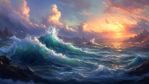 Sunlit stormy seas under a glowing pastel sky at dusk.