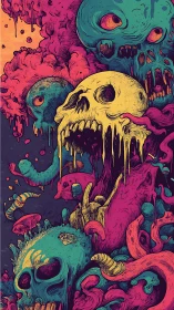 Multicolored skull cluster with organic growth and decay forms.