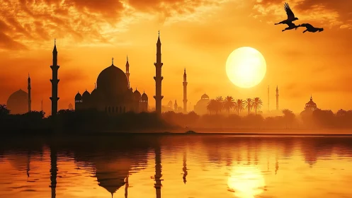 Golden sunset over tranquil mosque skyline and calm water.