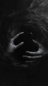Hands holding smartphone amid dark swirling liquid field.