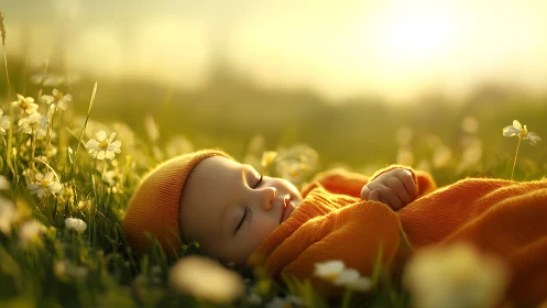 Infant sleeping in sunlit meadow with shallow depth of field